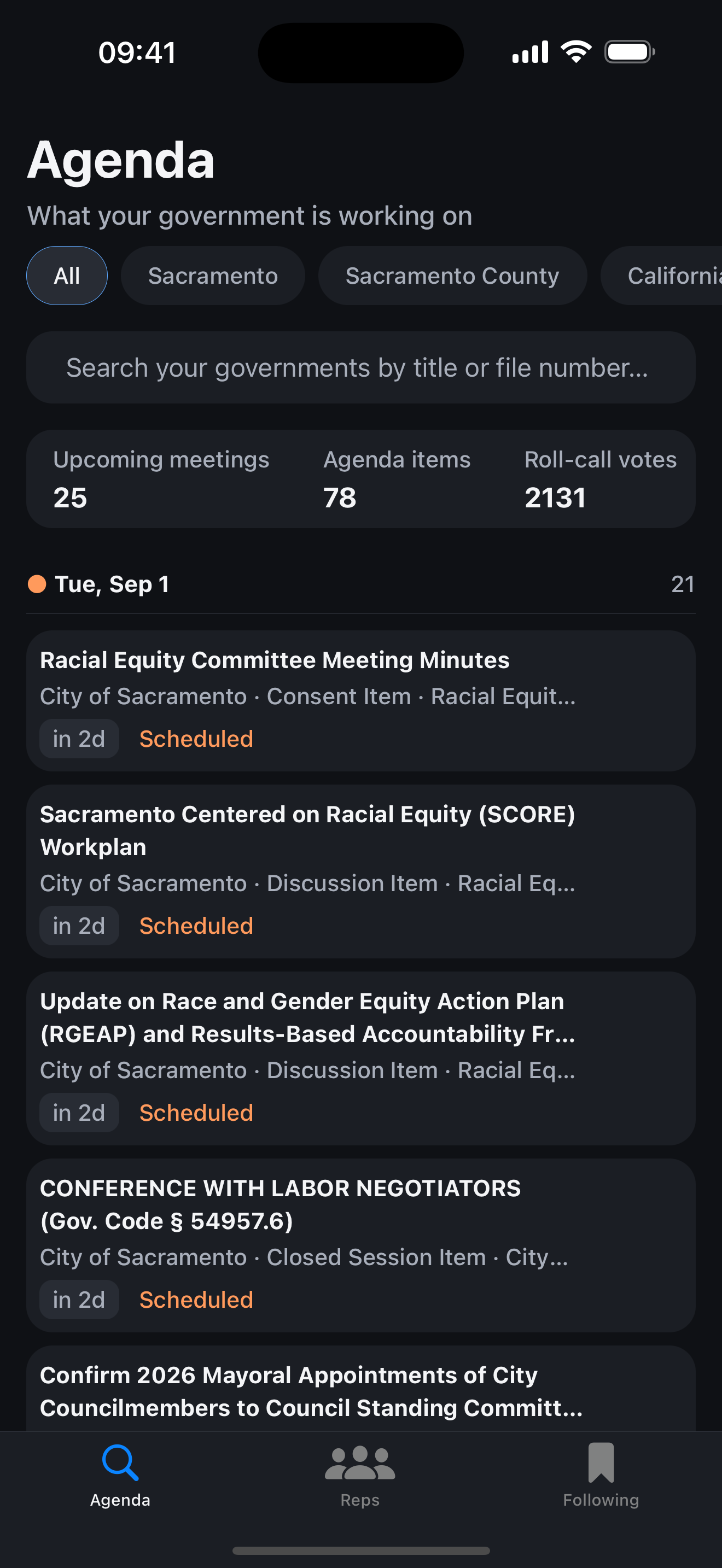 The Civic Notice agenda feed, showing upcoming meeting counts and a list of scheduled items for Sacramento.