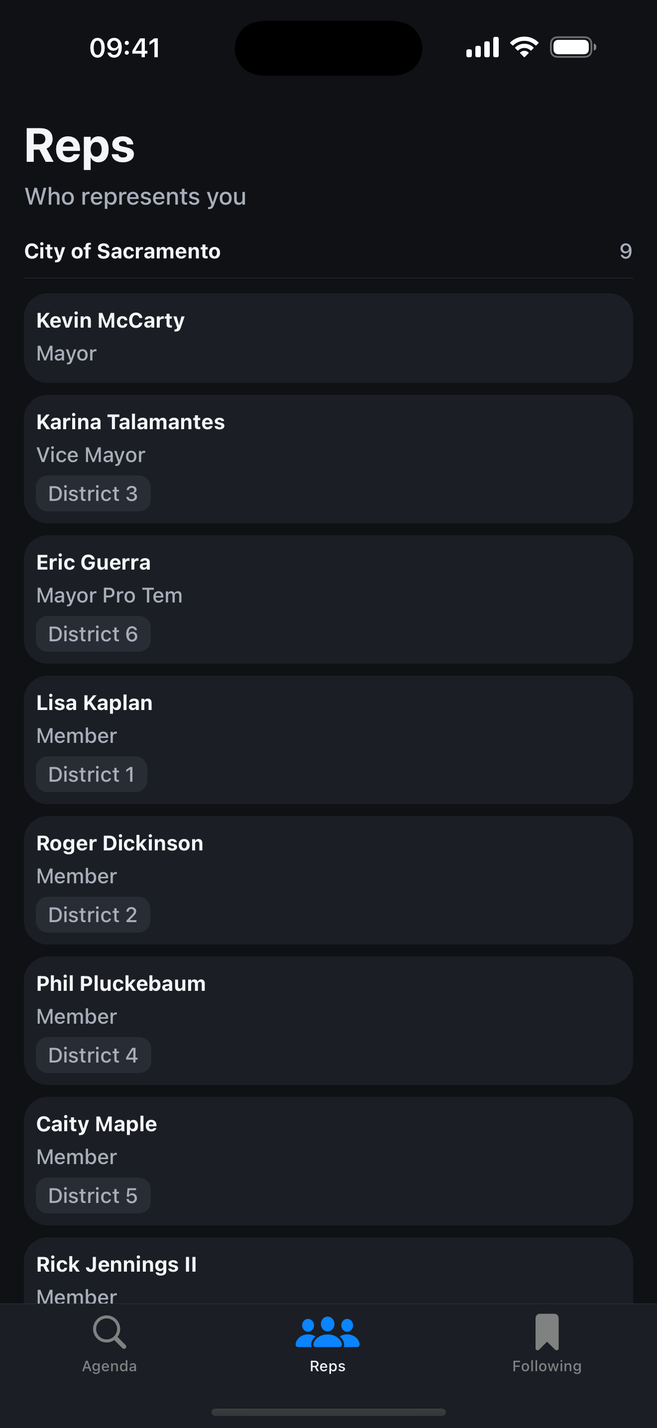 The Reps tab listing nine Sacramento city councilmembers with their roles and districts.