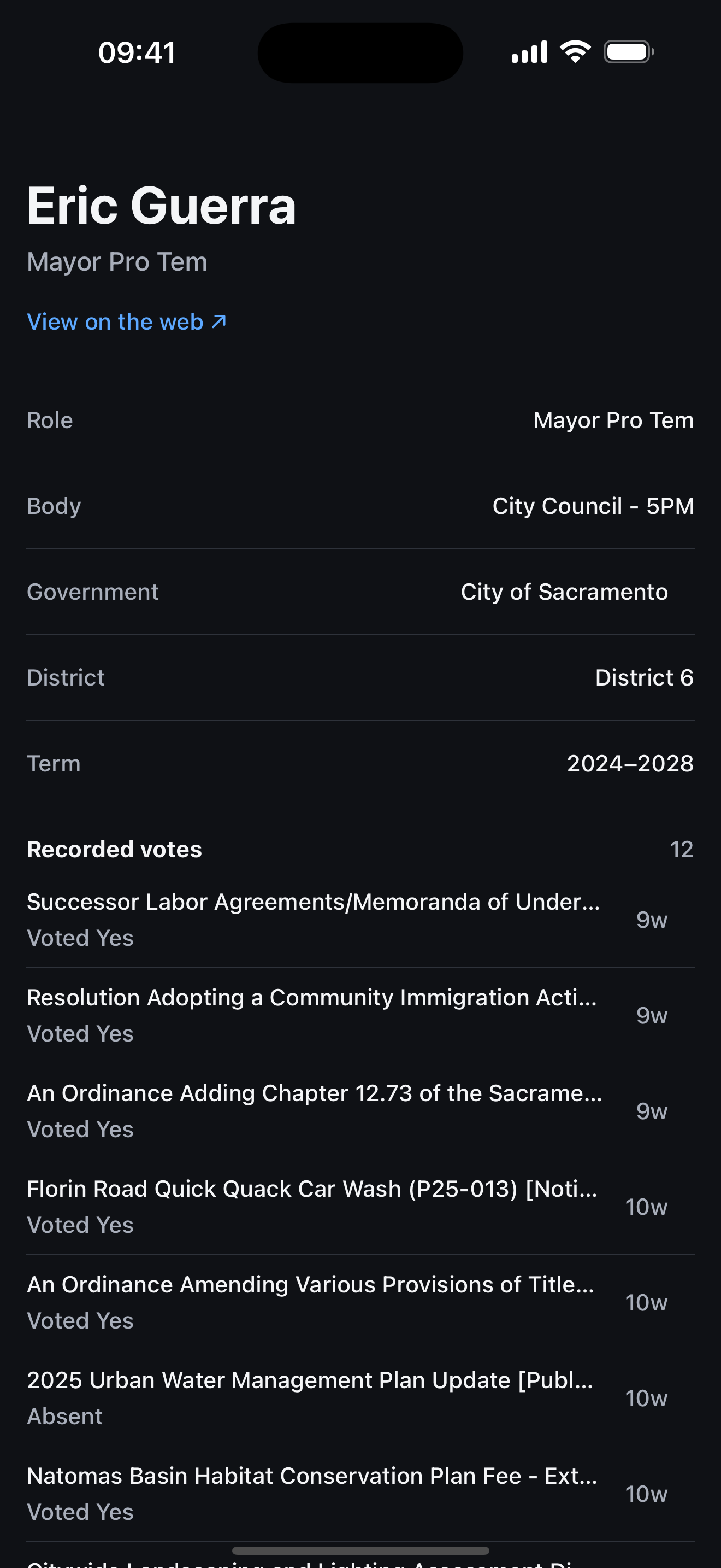 A representative's detail screen showing role, body, district, term, and a list of recorded votes with how they voted.
